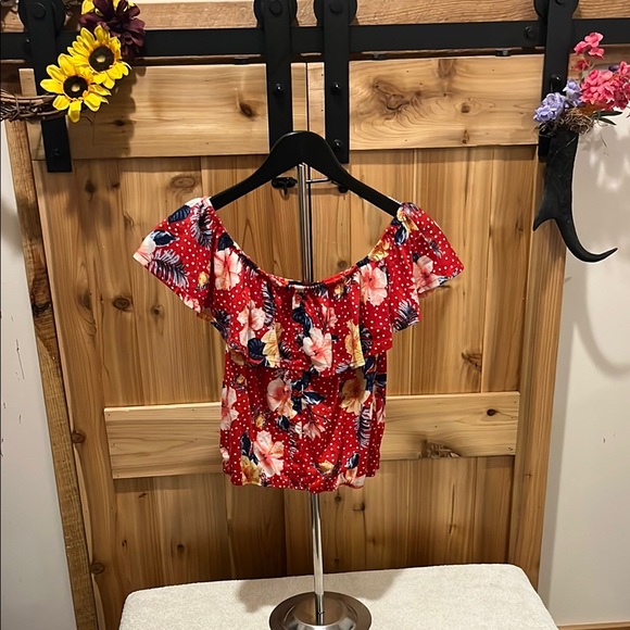 Almost Famous Red with White Polka Dots Floral Crop Top - Picture 1 of 7